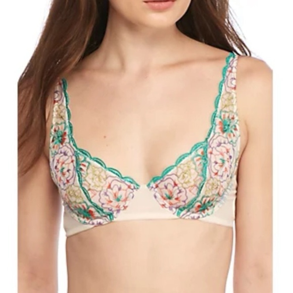 Free People Floral Embroidered Bra - Cream and Teal